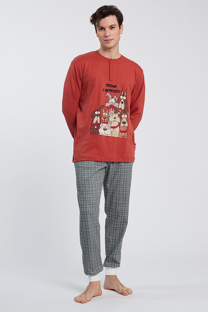 Pigiama Uomo Normann Manica Lunga Con Polsini - Jersey Di Cotone 100% Rosso, Taglia 54, Certificato Oeko-Tex, Da Casa O Da Notte