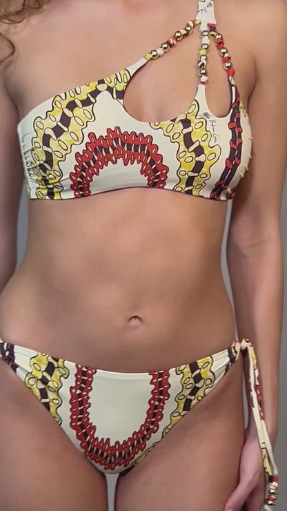 BIKINI Donna MISS BIKINI MONOSPALLA  slip con fiocchi Fantasia panna/rosso/giallo