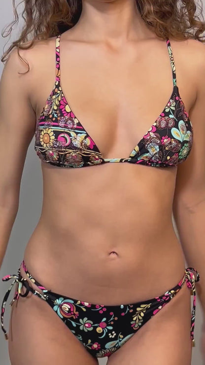 BIKINI Donna MISS BIKINI TRIANGOLO  slip brasiliana con lacci Fantasia nero/fucsia
